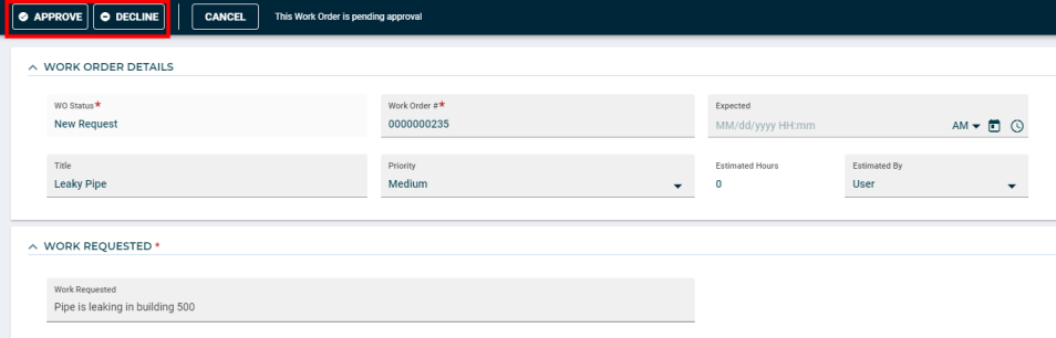 Work order waiting for approval or decline buttons to be hit