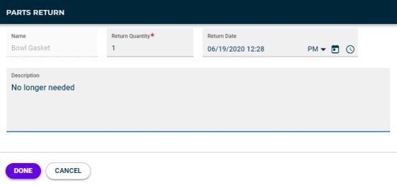 Part return window that displays when you return a part on a work order 