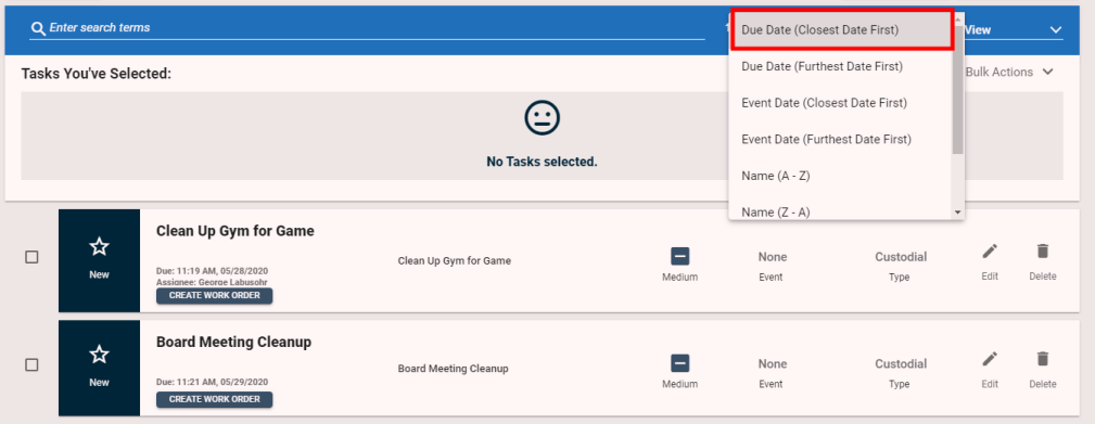 Task List with sort set to Due Date (Closest Date First) and showing two tasks due one day after another.