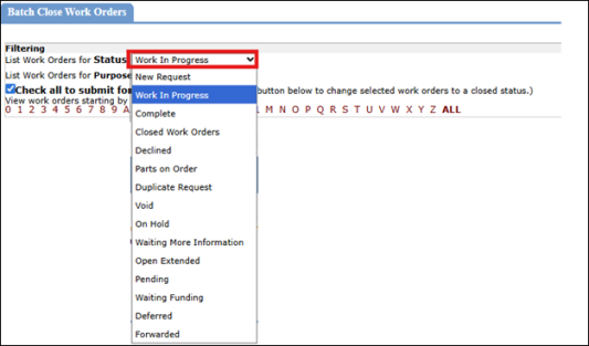Status option under filterting tab